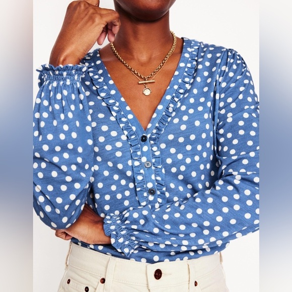 Boden Tops - Boden Women's Blue Poppy Ruffled Henley Top- River, Abstract Spot Size 8